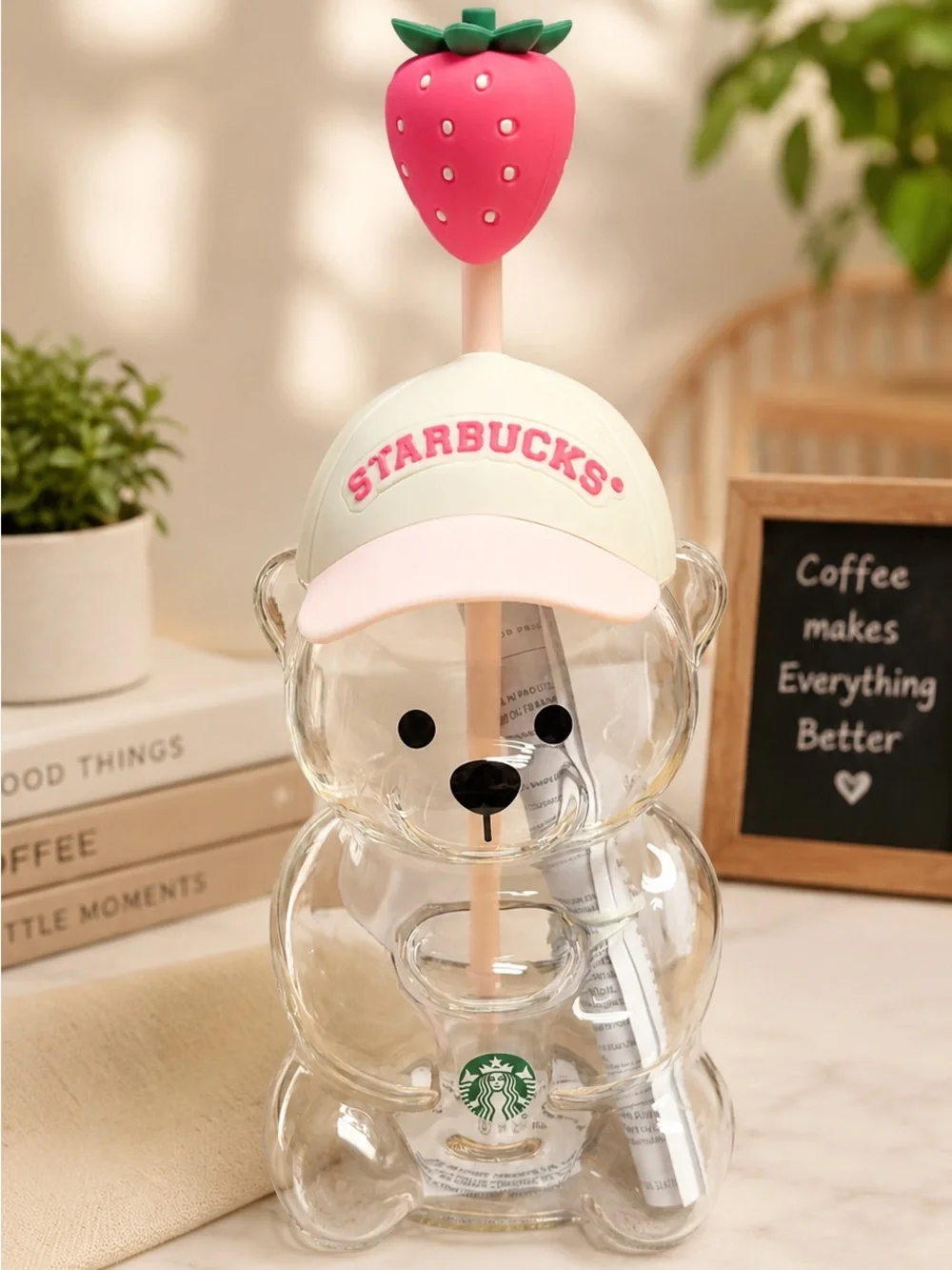 Starbucks Clear Bear Kids Cup with Pink-White Cap and Strawberry Top Straw